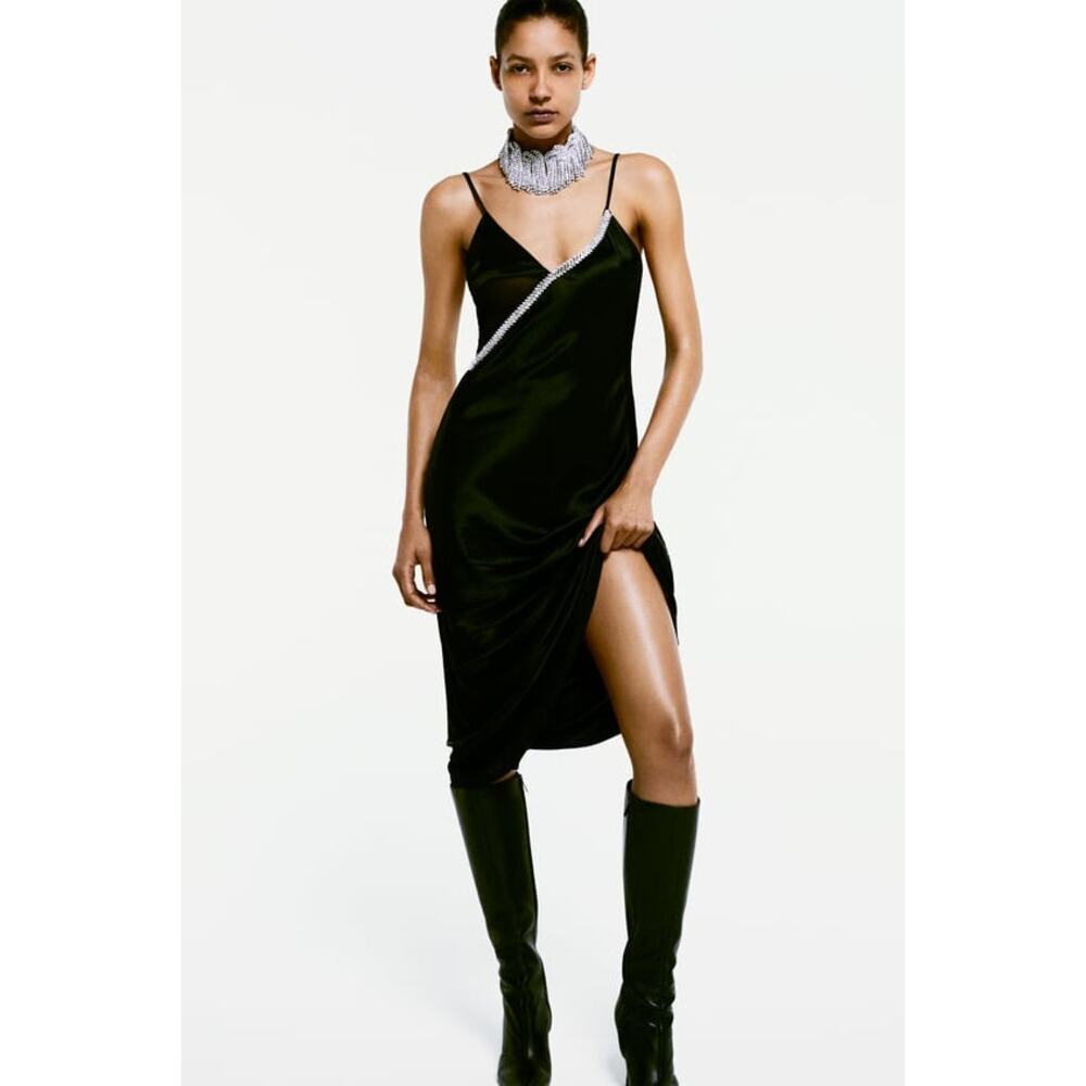 Zara Black Rhinestone Details V-Neck Satin Midi Dress Size Medium